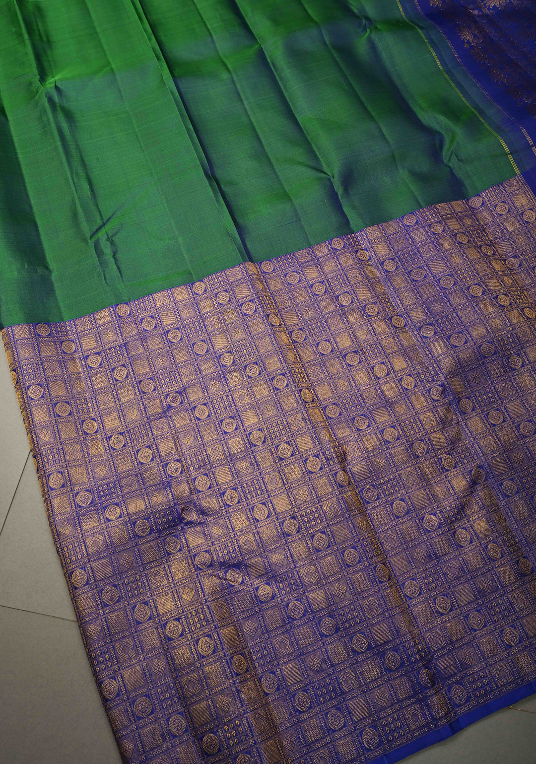 Peacock Green Dual Tone Pure Kanjivaram Silk Saree with One Side Contrast Patola Skirt Zari Border | SILK MARK CERTIFIED | SHOBITAM