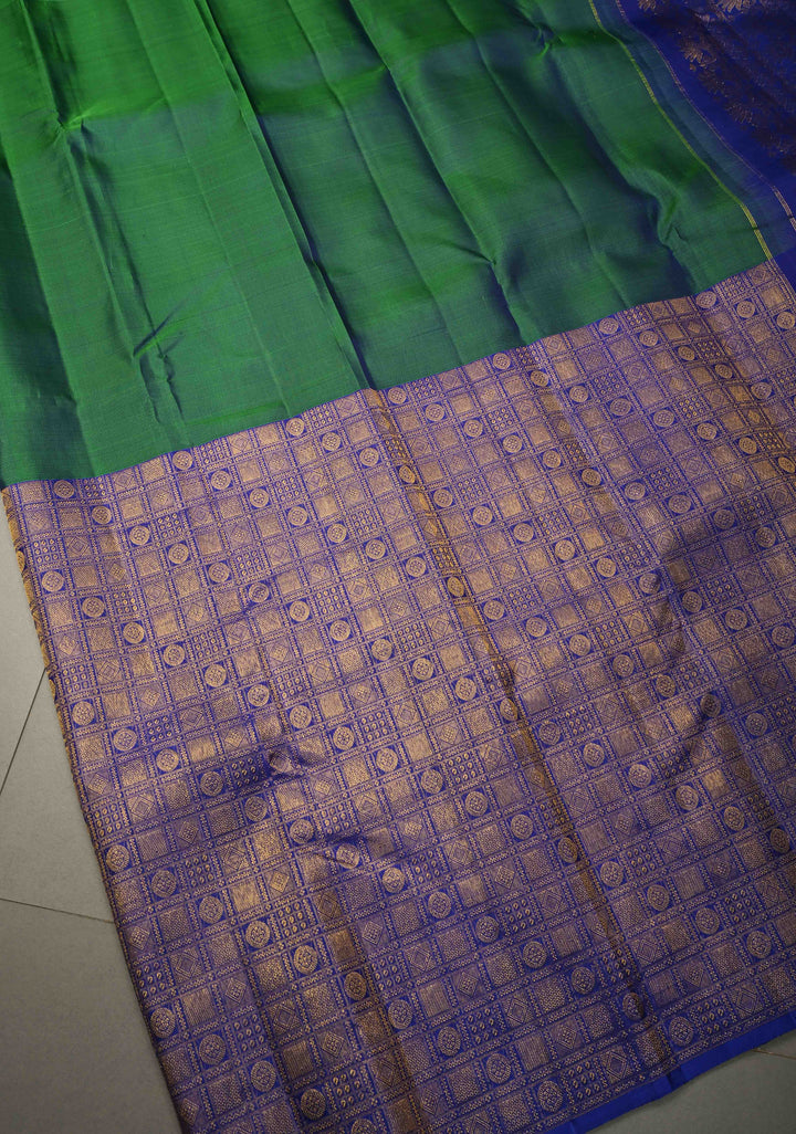 Peacock Green Dual Tone Pure Kanjivaram Silk Saree with One Side Contrast Patola Skirt Zari Border | SILK MARK CERTIFIED | SHOBITAM
