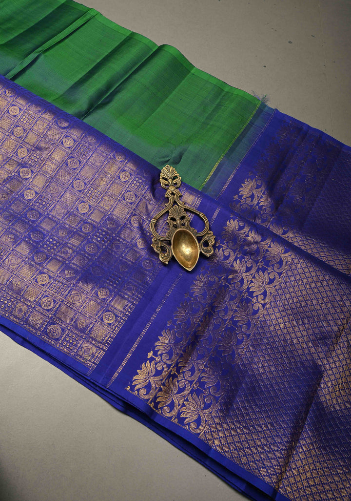 Peacock Green Dual Tone Pure Kanjivaram Silk Saree with One Side Contrast Patola Skirt Zari Border | SILK MARK CERTIFIED | SHOBITAM