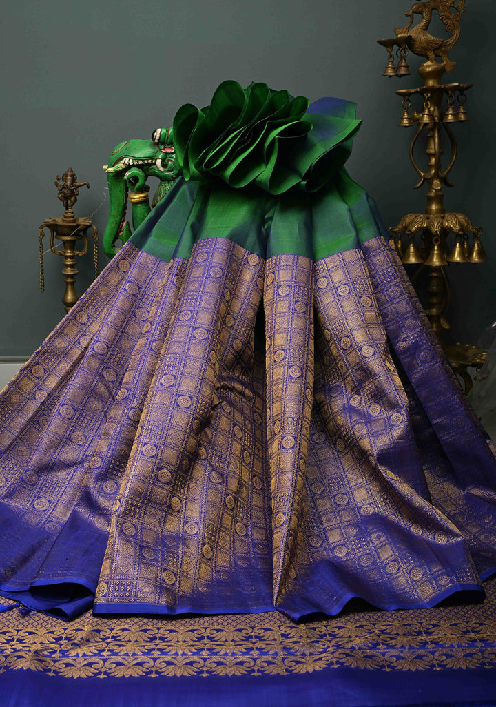 Peacock Green Dual Tone Pure Kanjivaram Silk Saree with One Side Contrast Patola Skirt Zari Border | SILK MARK CERTIFIED | SHOBITAM