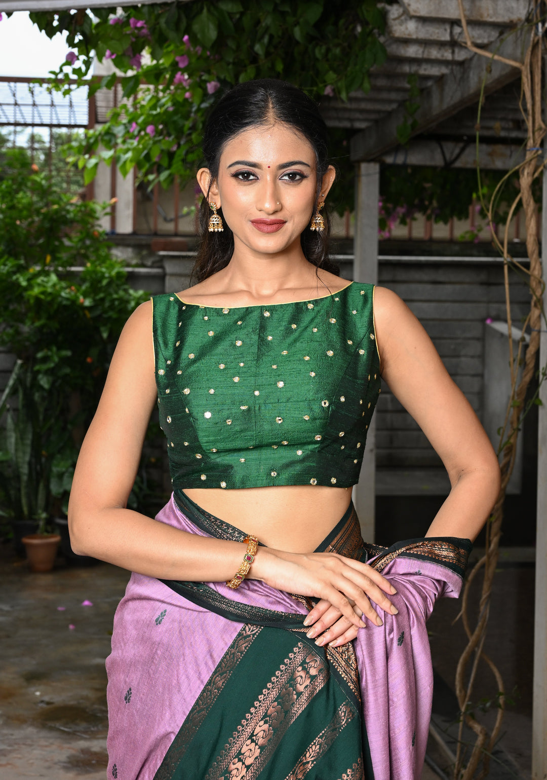 Green Pure Raw Silk Sleeveless Blouse with Boat Neck and Mirror Work, Customizable, Made to Order