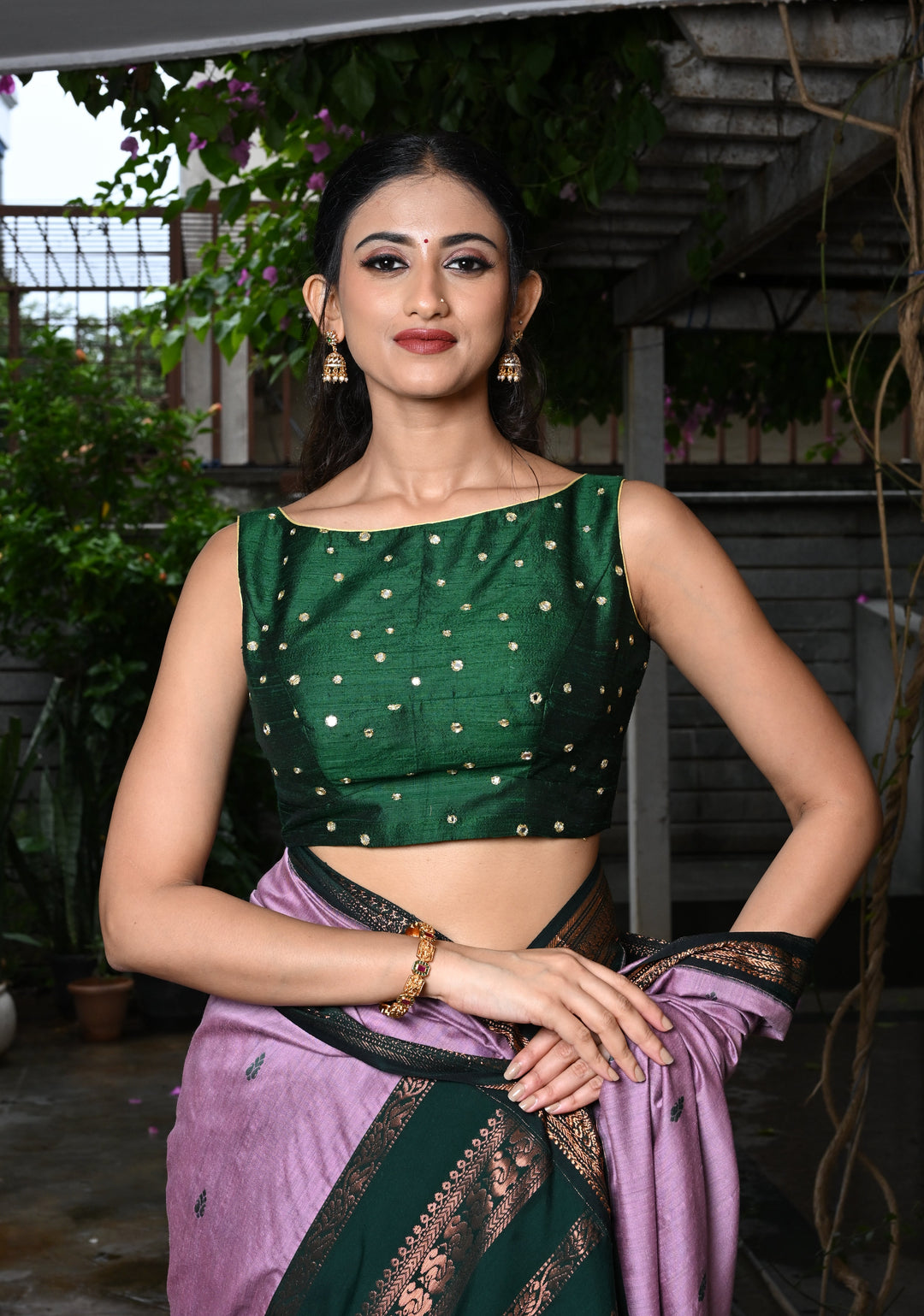 Green Pure Raw Silk Sleeveless Blouse with Boat Neck and Mirror Work, Customizable, Made to Order