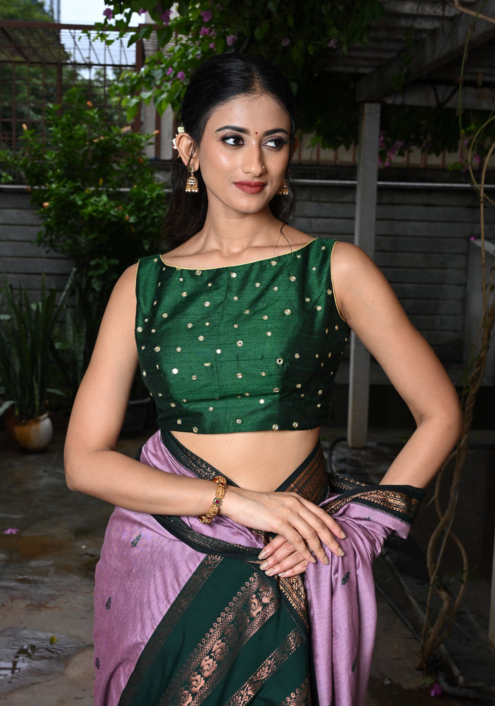 Green Pure Raw Silk Sleeveless Blouse with Boat Neck and Mirror Work, Customizable, Made to Order