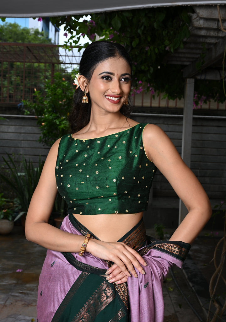 Green Pure Raw Silk Sleeveless Blouse with Boat Neck and Mirror Work, Customizable, Made to Order
