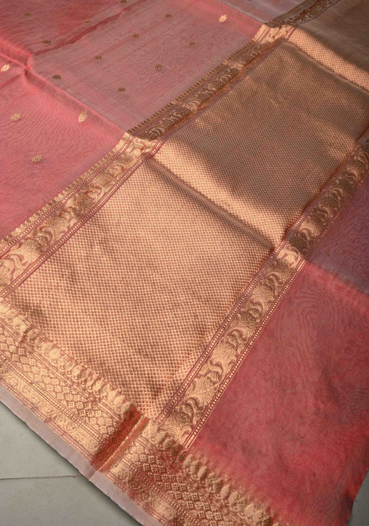 Coral Pink Pure Banarasi Organza Silk Handloom Saree with Floral Zari Buttas and Zari Border | SILK MARK CERTIFIED | SHOBITAM