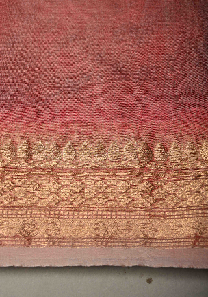 Coral Pink Pure Banarasi Organza Silk Handloom Saree with Floral Zari Buttas and Zari Border | SILK MARK CERTIFIED | SHOBITAM