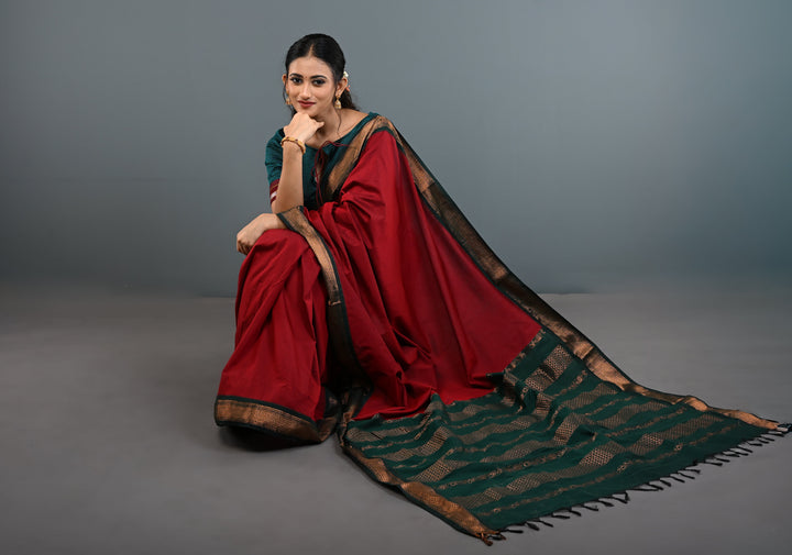 Burgundy Venkatagiri Cotton Silk Saree with Contrast Zari Border