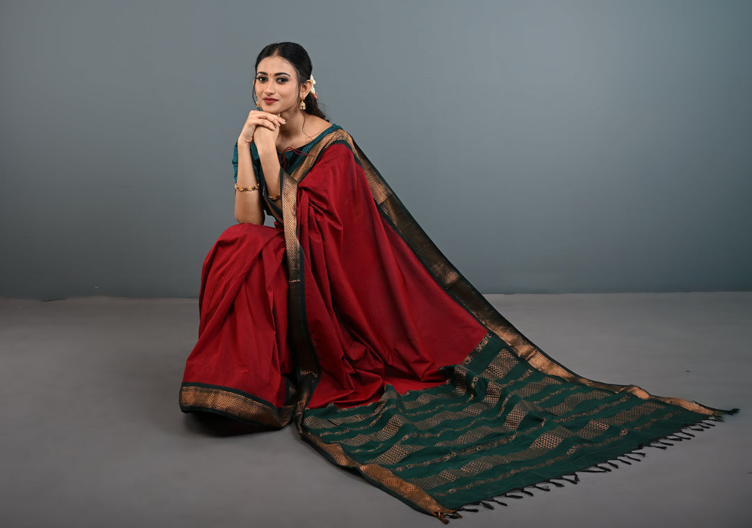 Burgundy Venkatagiri Cotton Silk Saree with Contrast Zari Border