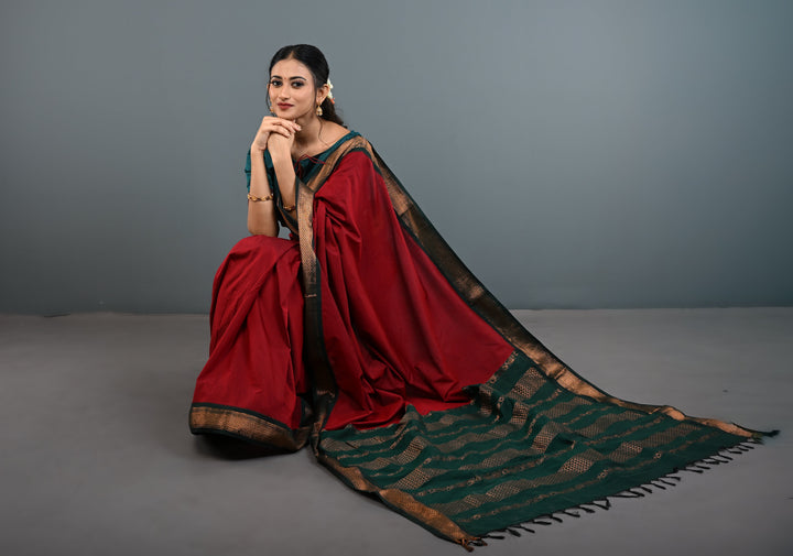 Burgundy Venkatagiri Cotton Silk Saree with Contrast Zari Border