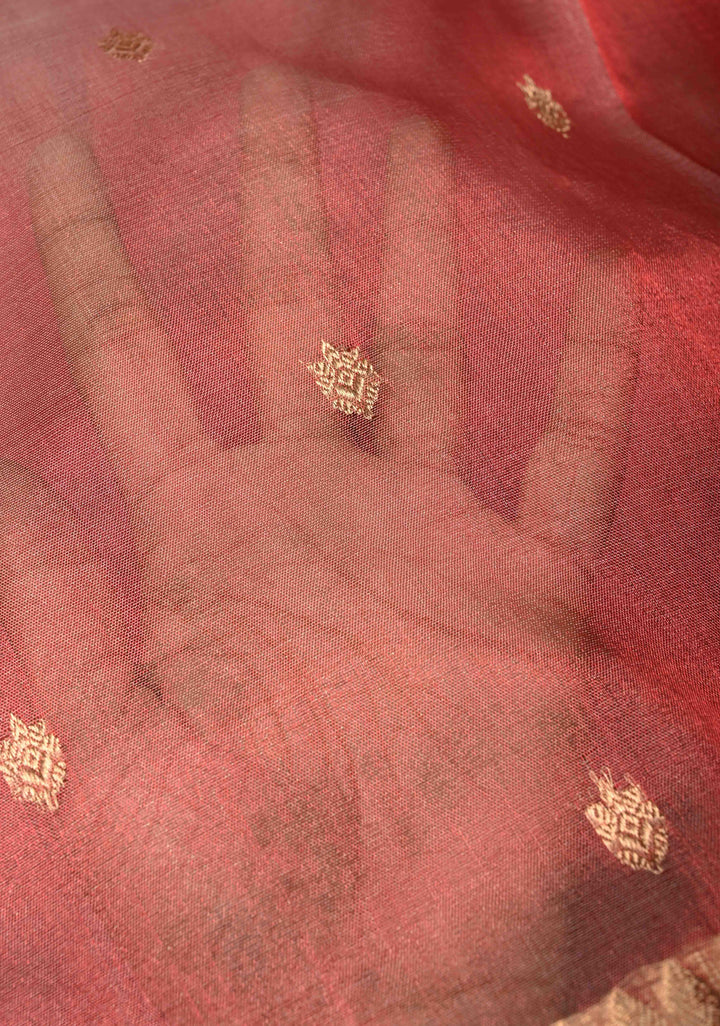 Coral Pink Pure Banarasi Organza Silk Handloom Saree with Floral Zari Buttas and Zari Border | SILK MARK CERTIFIED | SHOBITAM