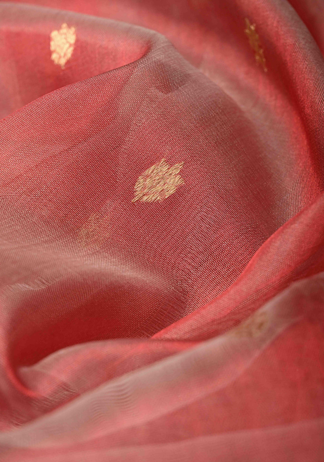Coral Pink Pure Banarasi Organza Silk Handloom Saree with Floral Zari Buttas and Zari Border | SILK MARK CERTIFIED | SHOBITAM