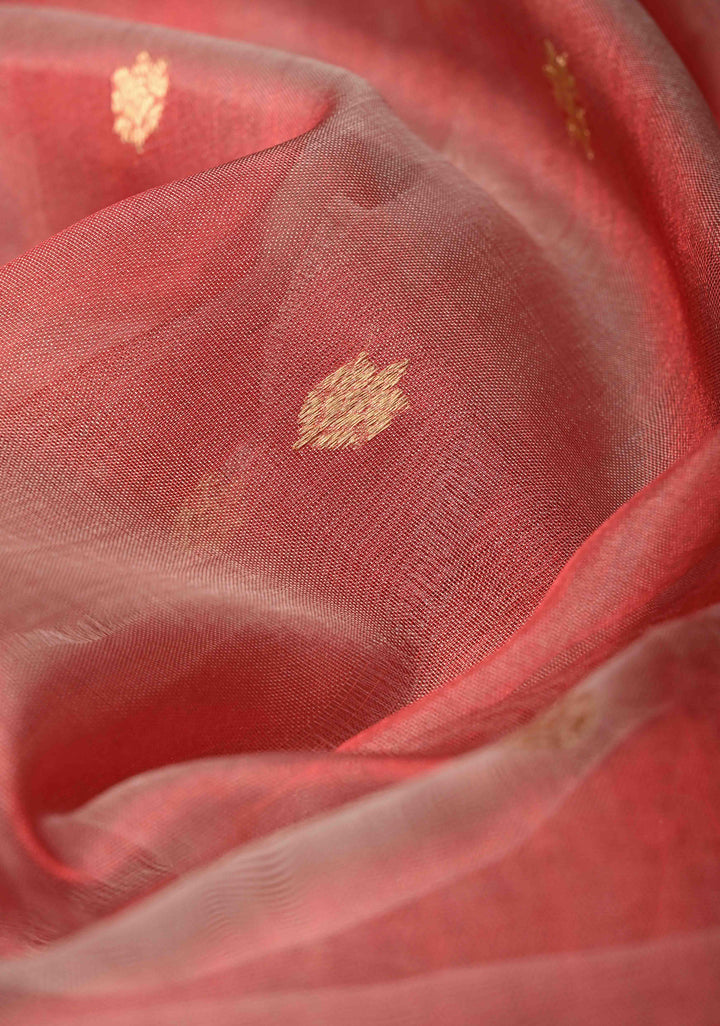 Coral Pink Pure Banarasi Organza Silk Handloom Saree with Floral Zari Buttas and Zari Border | SILK MARK CERTIFIED | SHOBITAM