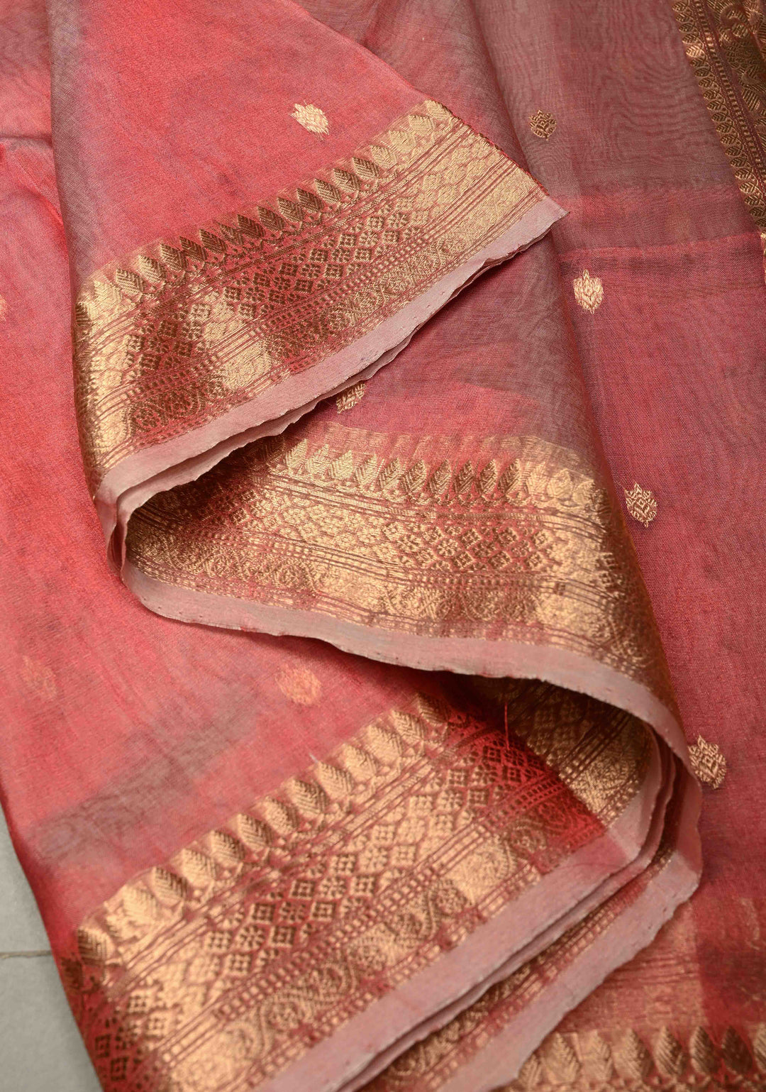 Coral Pink Pure Banarasi Organza Silk Handloom Saree with Floral Zari Buttas and Zari Border | SILK MARK CERTIFIED | SHOBITAM