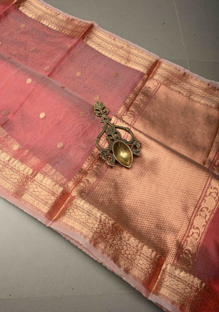 Coral Pink Pure Banarasi Organza Silk Handloom Saree with Floral Zari Buttas and Zari Border | SILK MARK CERTIFIED | SHOBITAM