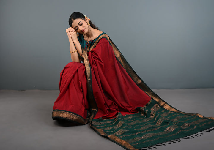 Burgundy Venkatagiri Cotton Silk Saree with Contrast Zari Border