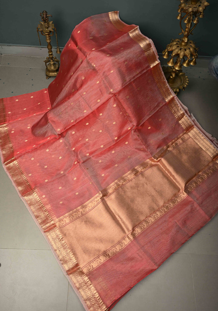 Coral Pink Pure Banarasi Organza Silk Handloom Saree with Floral Zari Buttas and Zari Border | SILK MARK CERTIFIED | SHOBITAM