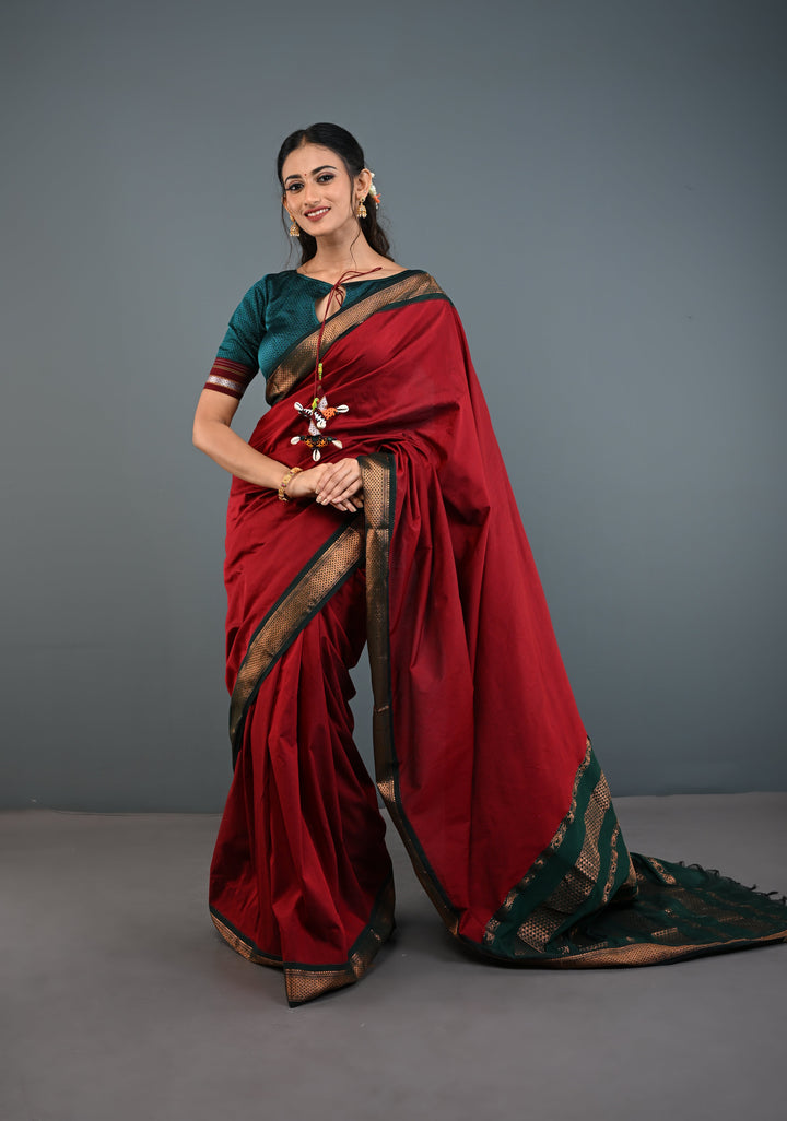 Burgundy Venkatagiri Cotton Silk Saree with Contrast Zari Border