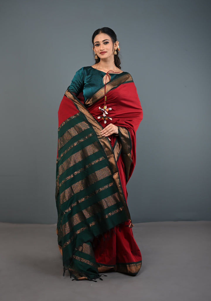 Burgundy Venkatagiri Cotton Silk Saree with Contrast Zari Border