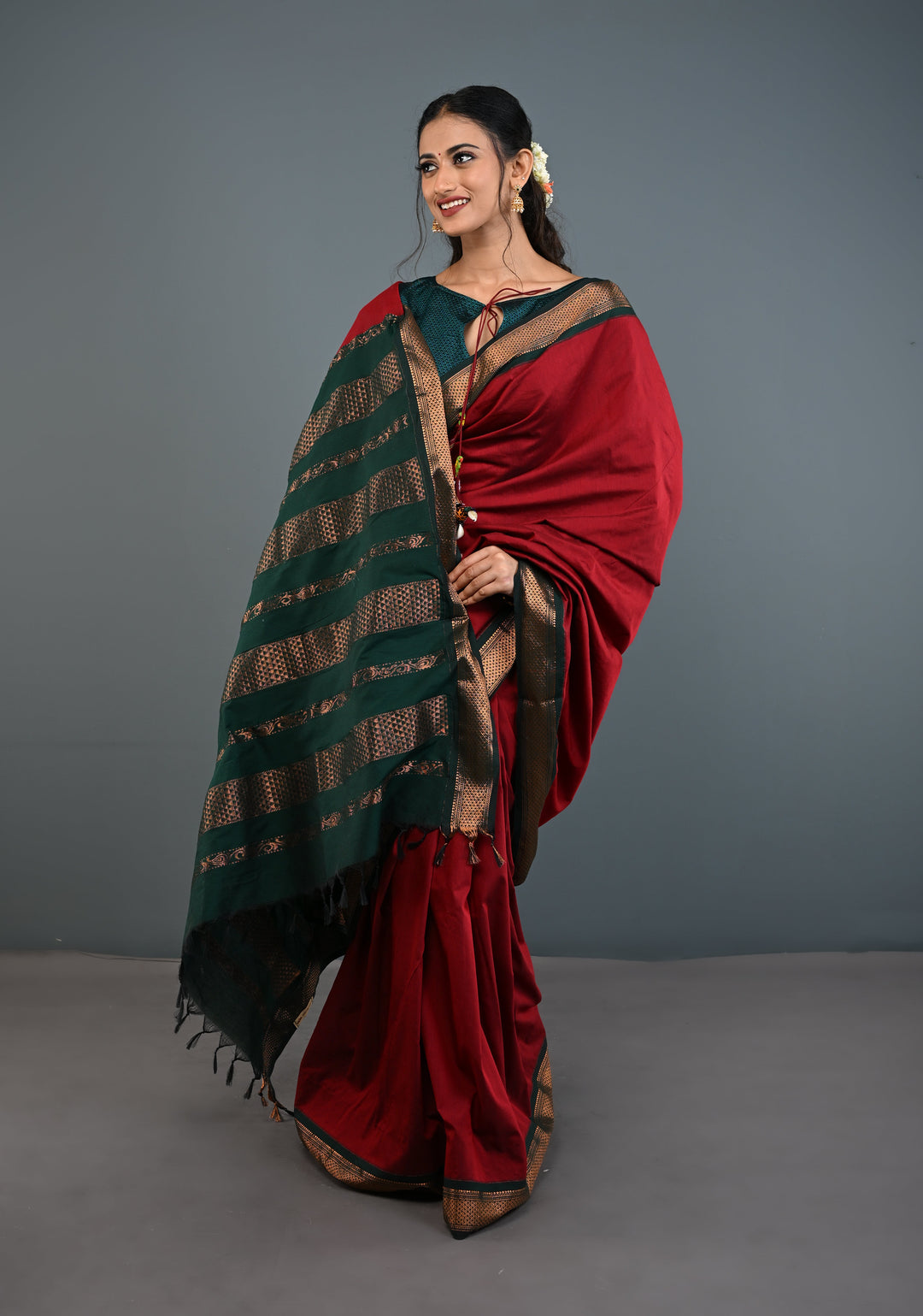 Burgundy Venkatagiri Cotton Silk Saree with Contrast Zari Border