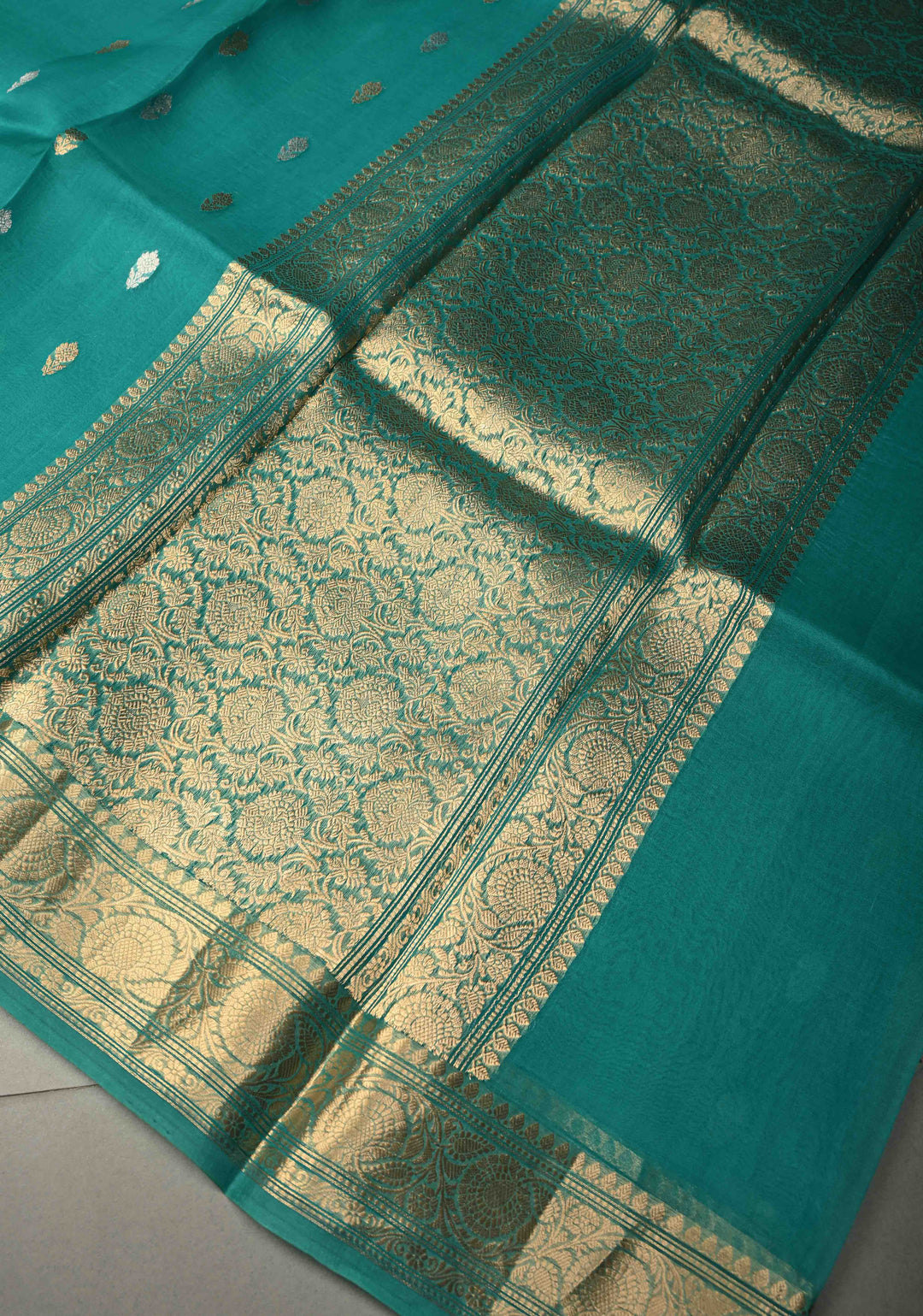 Rama Green Pure Banarasi Organza Silk Handloom Saree with Sona Rupa Zari Buttas and Zari Border | SILK MARK CERTIFIED | SHOBITAM