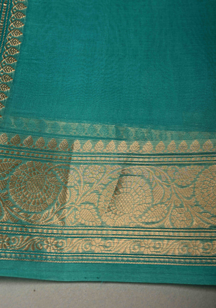 Rama Green Pure Banarasi Organza Silk Handloom Saree with Sona Rupa Zari Buttas and Zari Border | SILK MARK CERTIFIED | SHOBITAM