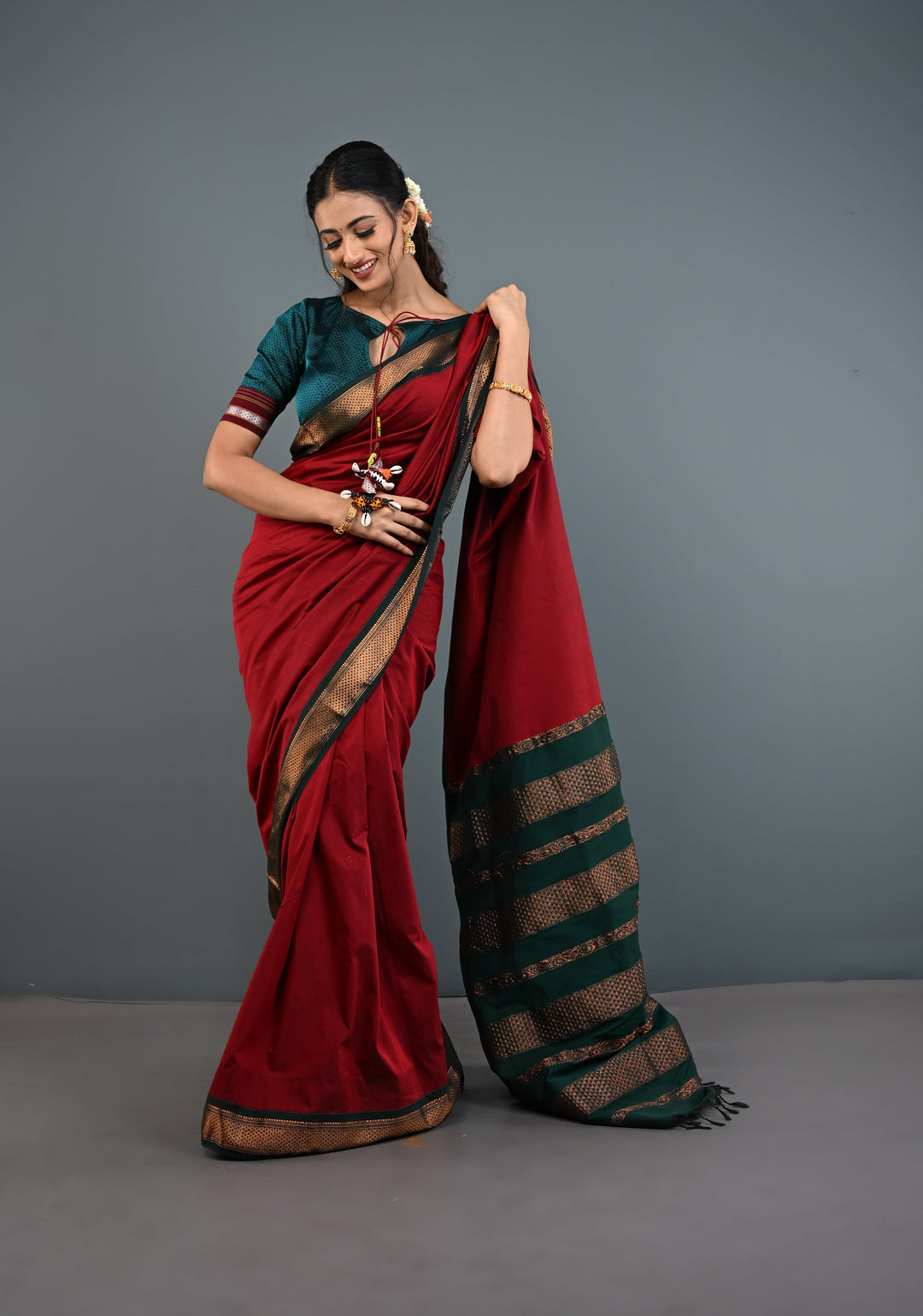 Burgundy Venkatagiri Cotton Silk Saree with Contrast Zari Border