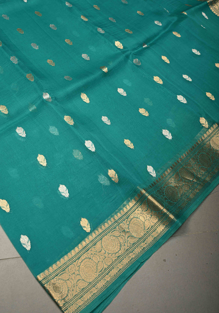 Rama Green Pure Banarasi Organza Silk Handloom Saree with Sona Rupa Zari Buttas and Zari Border | SILK MARK CERTIFIED | SHOBITAM