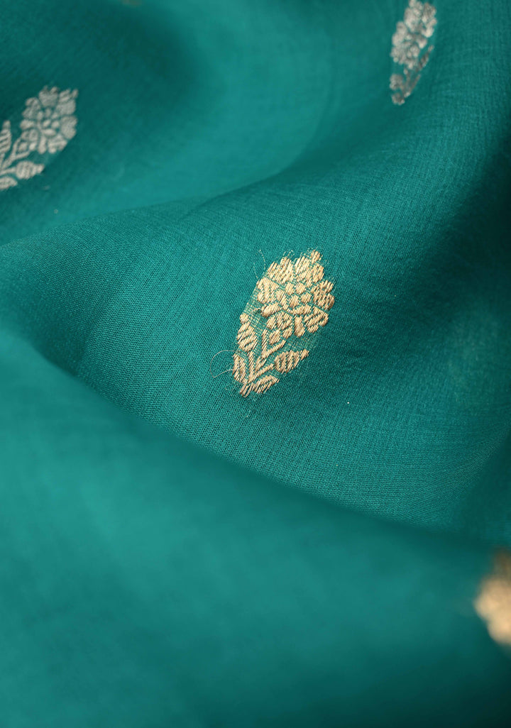Rama Green Pure Banarasi Organza Silk Handloom Saree with Sona Rupa Zari Buttas and Zari Border | SILK MARK CERTIFIED | SHOBITAM