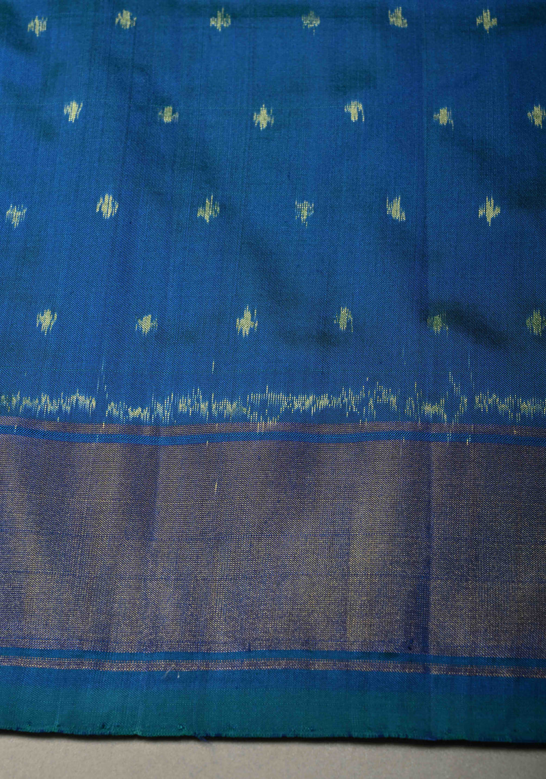 Blue-Green Dual tone Pochampally Ikkat Pure Silk Saree with Twill Design and Nandi Motifs on Tissue Zari Border  | SILK MARK CERTIFIED | SHOBITAM