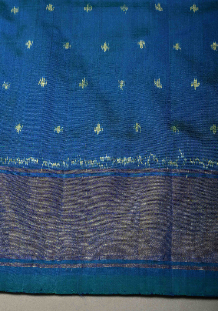Blue-Green Dual tone Pochampally Ikkat Pure Silk Saree with Twill Design and Nandi Motifs on Tissue Zari Border  | SILK MARK CERTIFIED | SHOBITAM