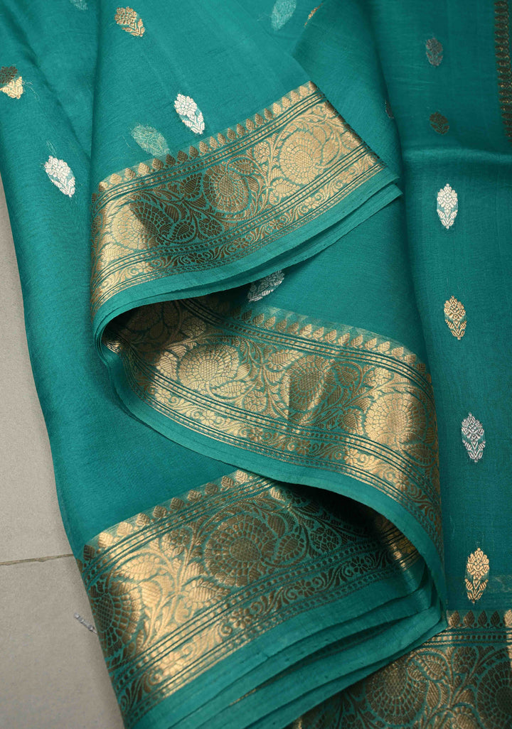 Rama Green Pure Banarasi Organza Silk Handloom Saree with Sona Rupa Zari Buttas and Zari Border | SILK MARK CERTIFIED | SHOBITAM