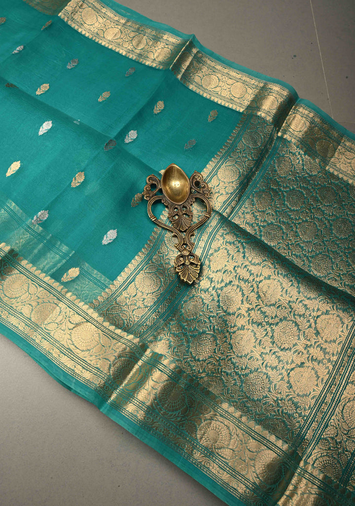 Rama Green Pure Banarasi Organza Silk Handloom Saree with Sona Rupa Zari Buttas and Zari Border | SILK MARK CERTIFIED | SHOBITAM