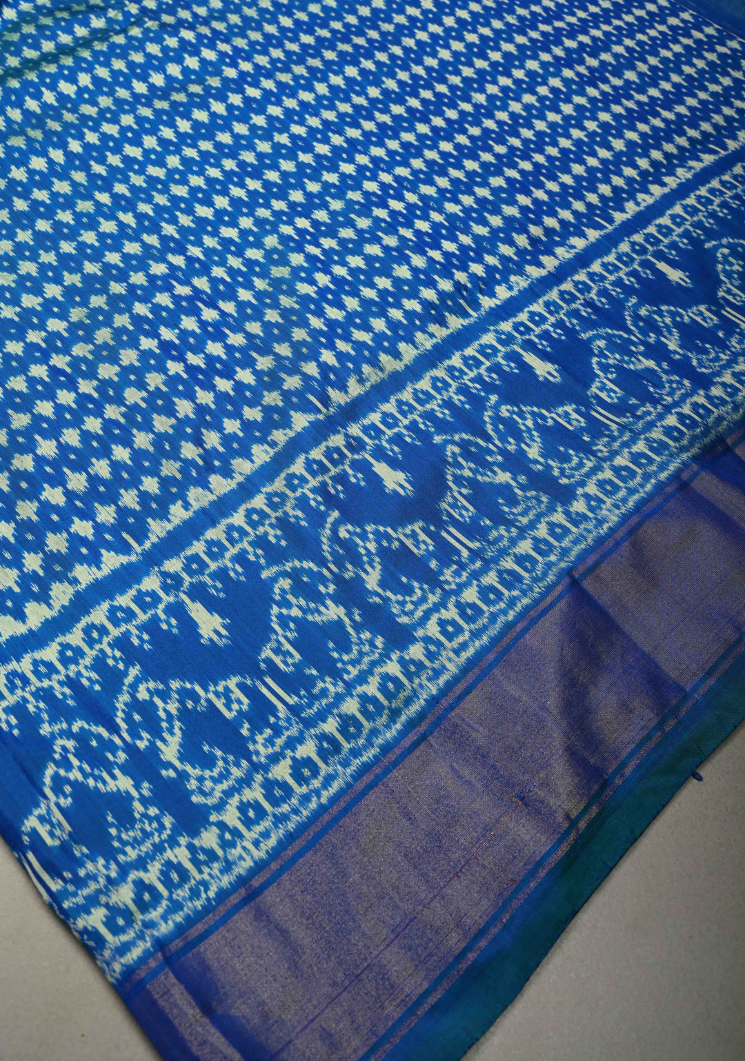 Blue-Green Dual tone Pochampally Ikkat Pure Silk Saree with Twill Design and Nandi Motifs on Tissue Zari Border  | SILK MARK CERTIFIED | SHOBITAM
