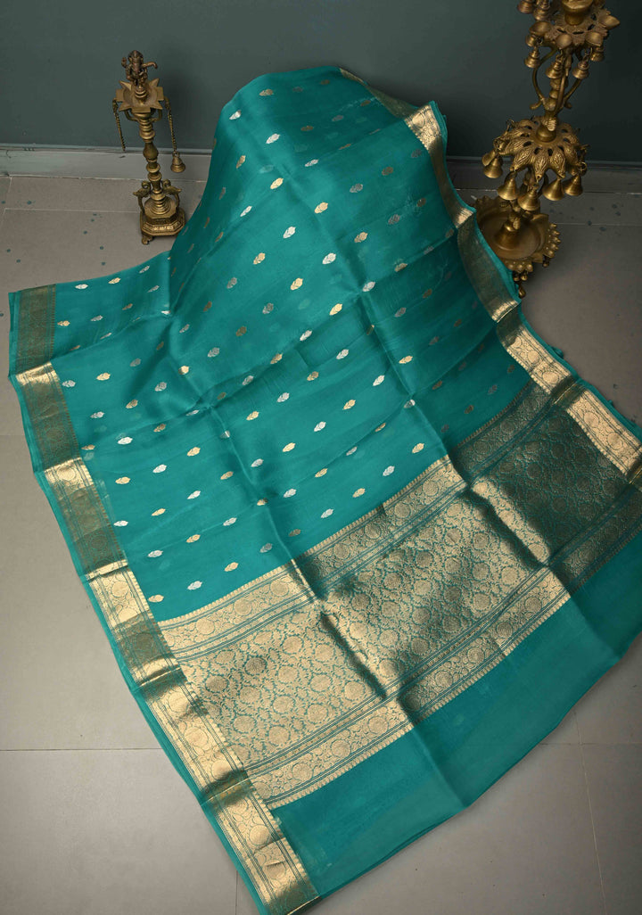 Rama Green Pure Banarasi Organza Silk Handloom Saree with Sona Rupa Zari Buttas and Zari Border | SILK MARK CERTIFIED | SHOBITAM