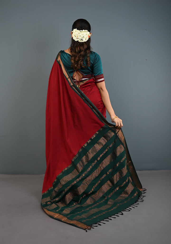 Burgundy Venkatagiri Cotton Silk Saree with Contrast Zari Border