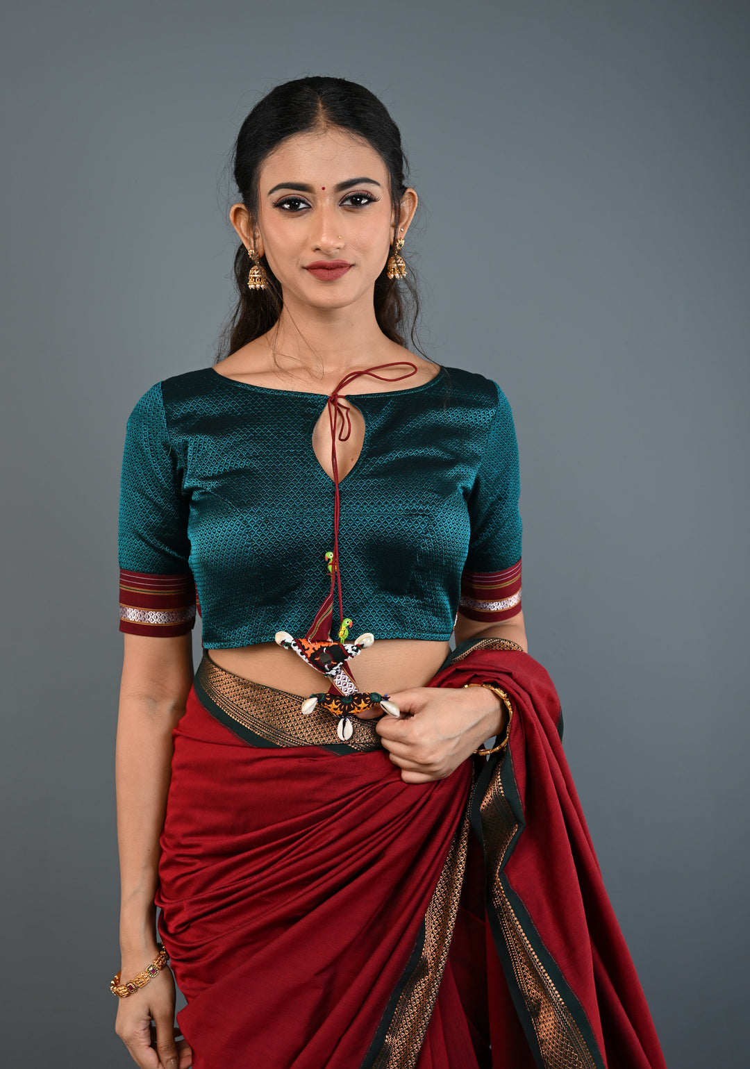 Teal-Black Khana Silk Blouse with Keyhole Neck and Cowrie Shells Tassels, Customizable, Made to Order
