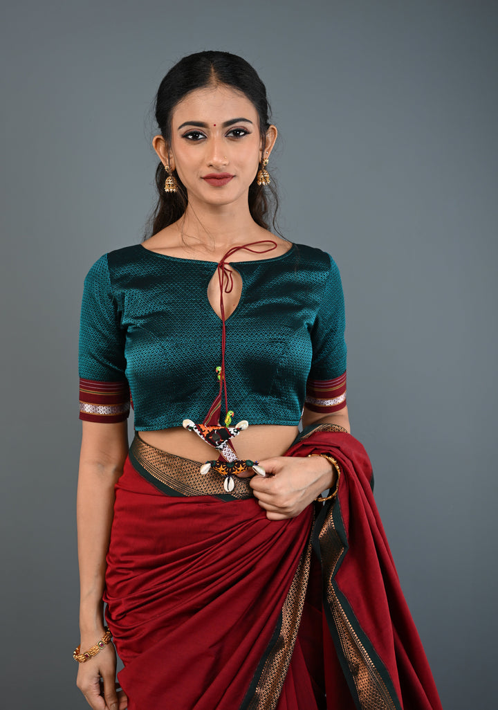 Teal-Black Khana Silk Blouse with Keyhole Neck and Cowrie Shells Tassels, Customizable, Made to Order