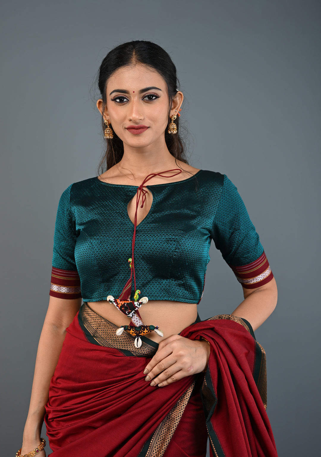 Teal-Black Khana Silk Blouse with Keyhole Neck and Cowrie Shells Tassels, Customizable, Made to Order