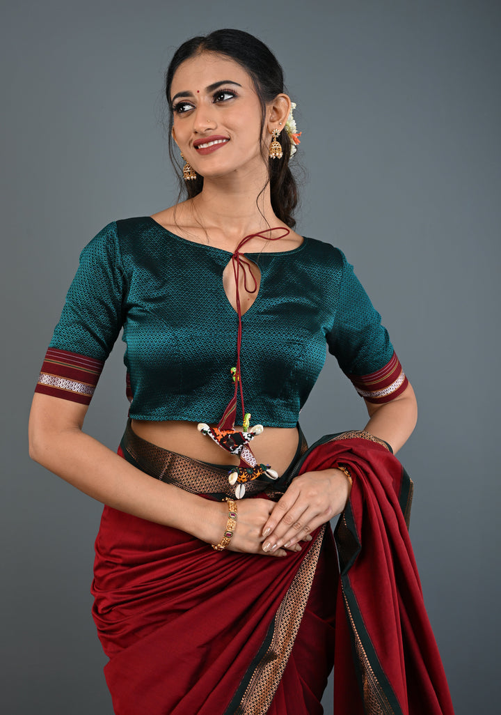 Teal-Black Khana Silk Blouse with Keyhole Neck and Cowrie Shells Tassels, Customizable, Made to Order