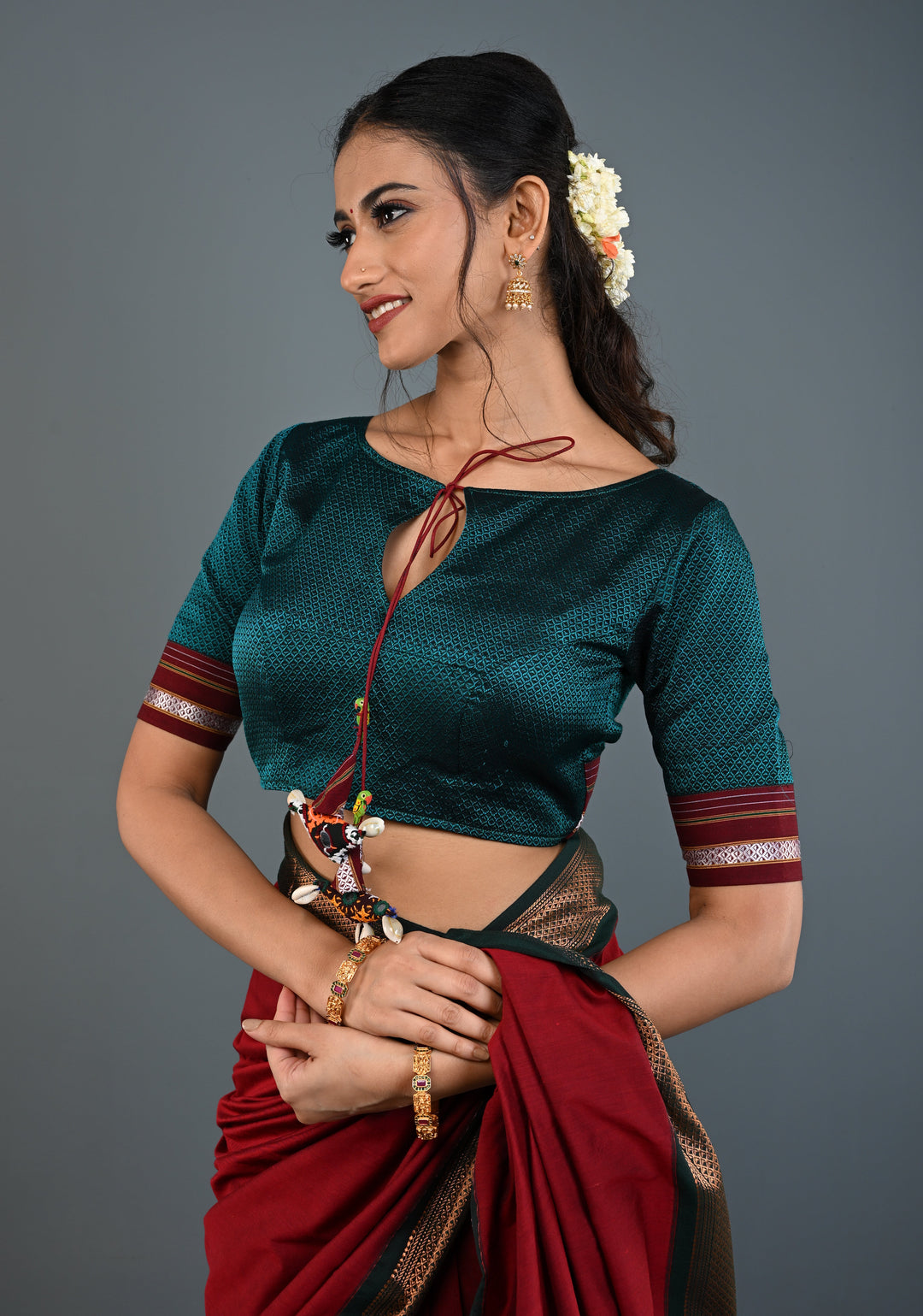 Teal-Black Khana Silk Blouse with Keyhole Neck and Cowrie Shells Tassels, Customizable, Made to Order