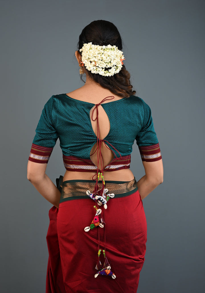 Teal-Black Khana Silk Blouse with Keyhole Neck and Cowrie Shells Tassels, Customizable, Made to Order