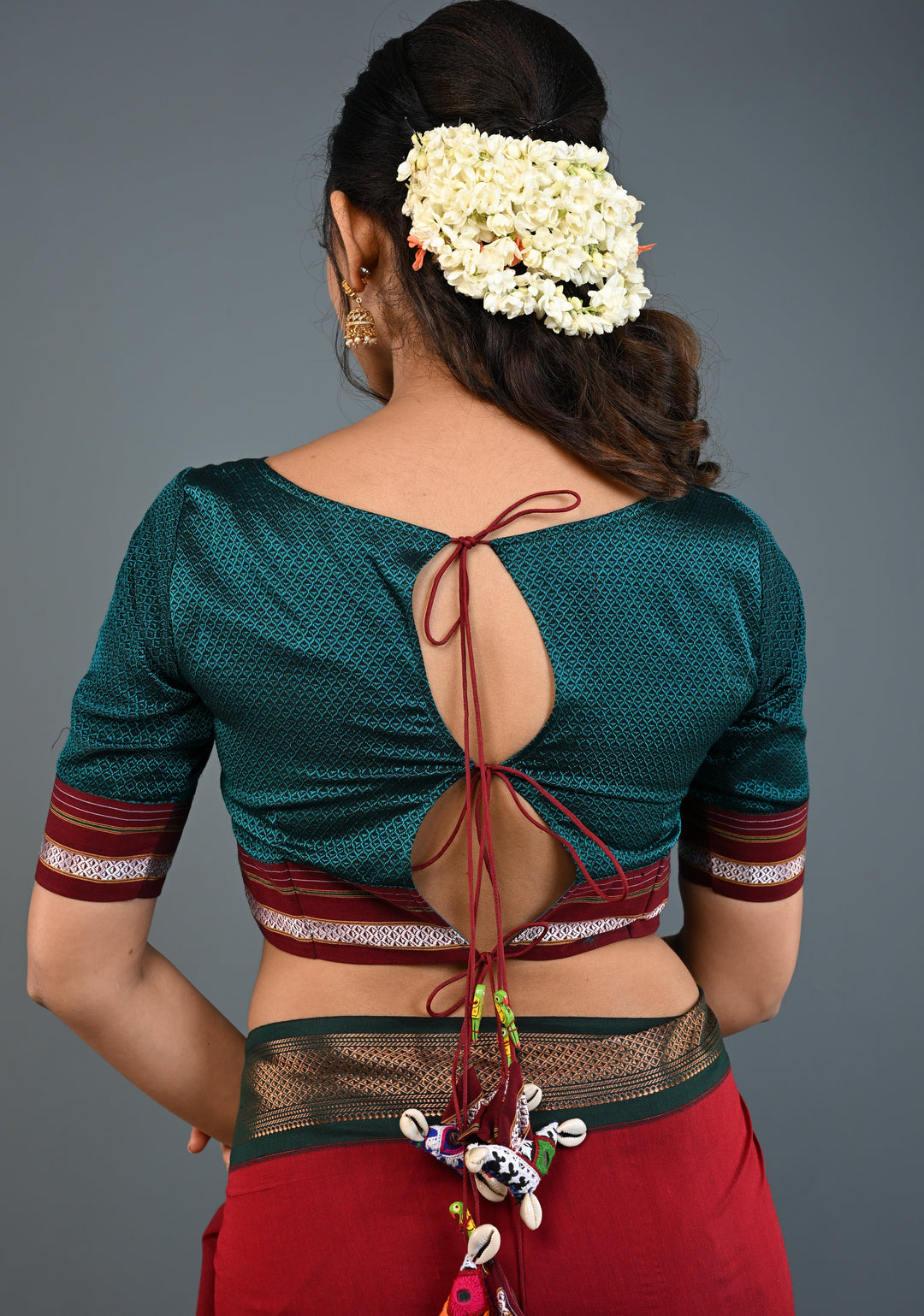 Teal-Black Khana Silk Blouse with Keyhole Neck and Cowrie Shells Tassels, Customizable, Made to Order