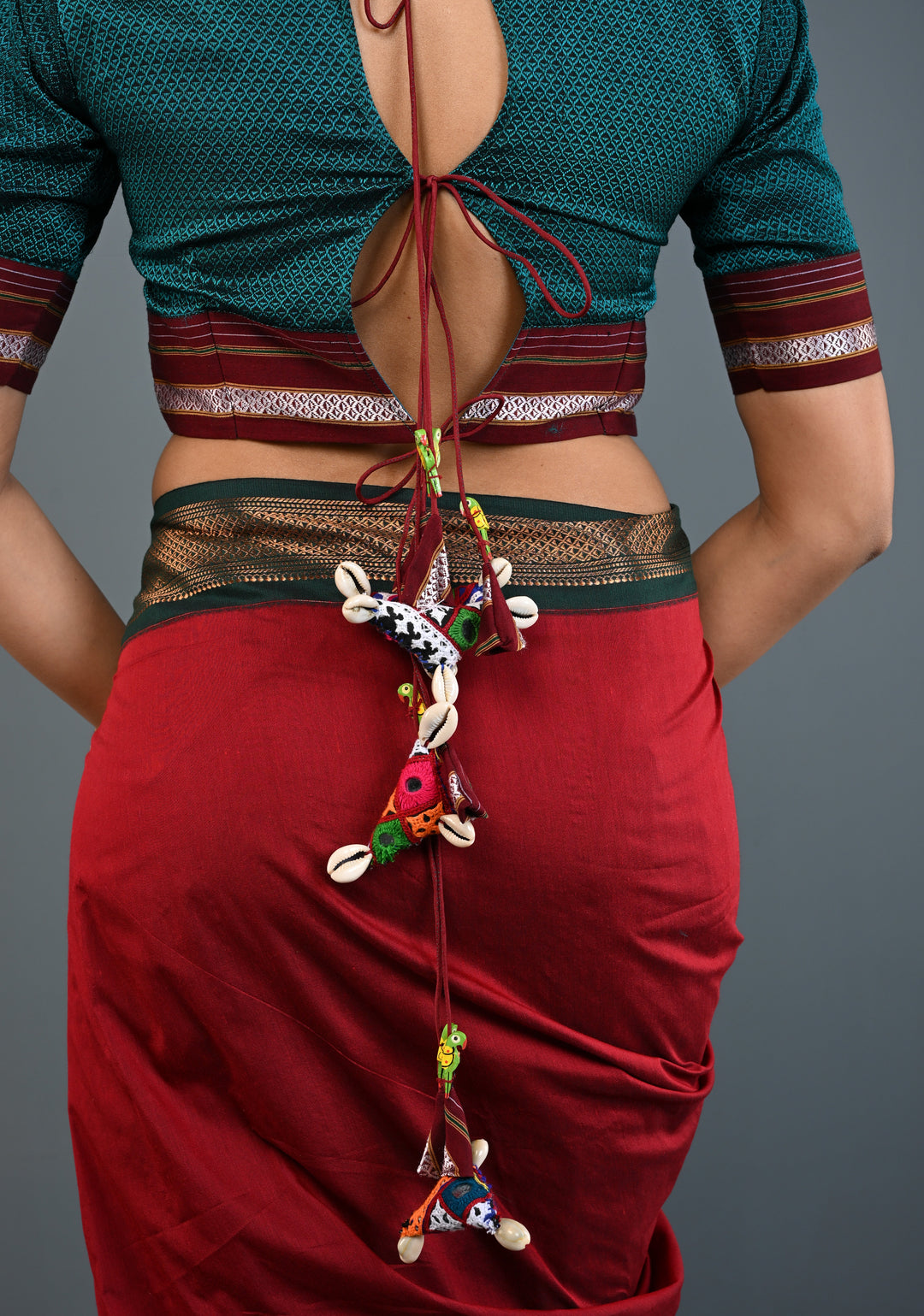 Teal-Black Khana Silk Blouse with Keyhole Neck and Cowrie Shells Tassels, Customizable, Made to Order