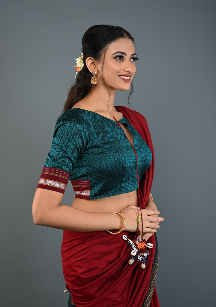 Teal-Black Khana Silk Blouse with Keyhole Neck and Cowrie Shells Tassels, Customizable, Made to Order