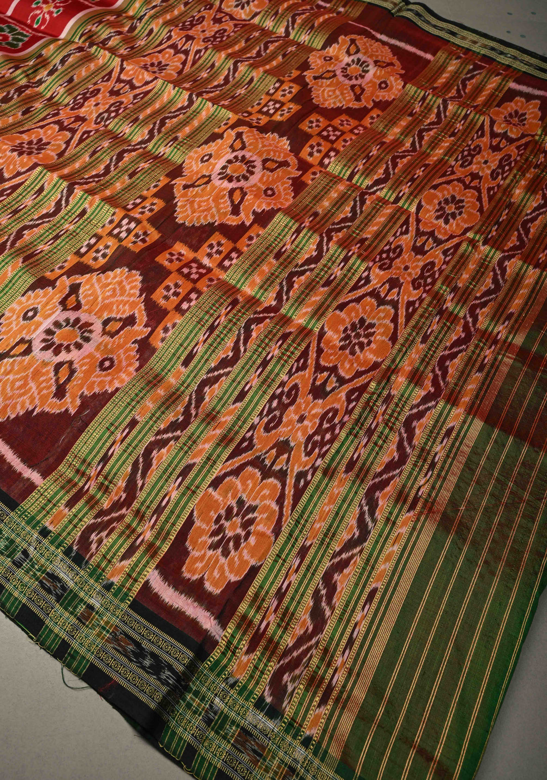Red Handloom Sambalpuri Ikkat Silk Saree with Patola Brocade and Contrast Border | SILK MARK CERTIFIED