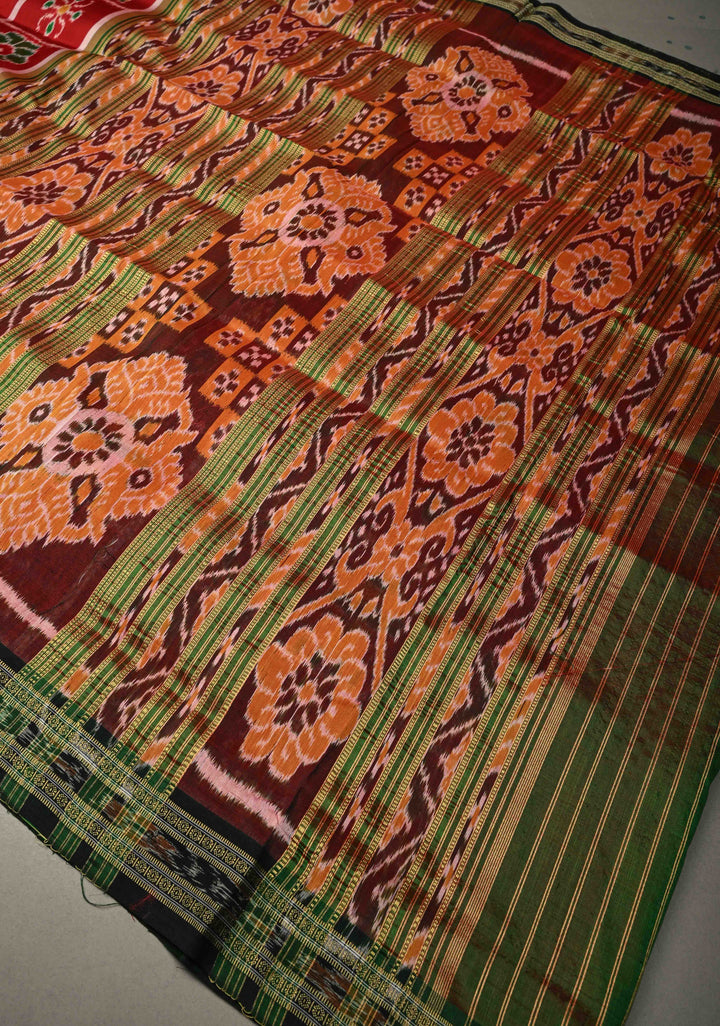 Red Handloom Sambalpuri Ikkat Silk Saree with Patola Brocade and Contrast Border | SILK MARK CERTIFIED