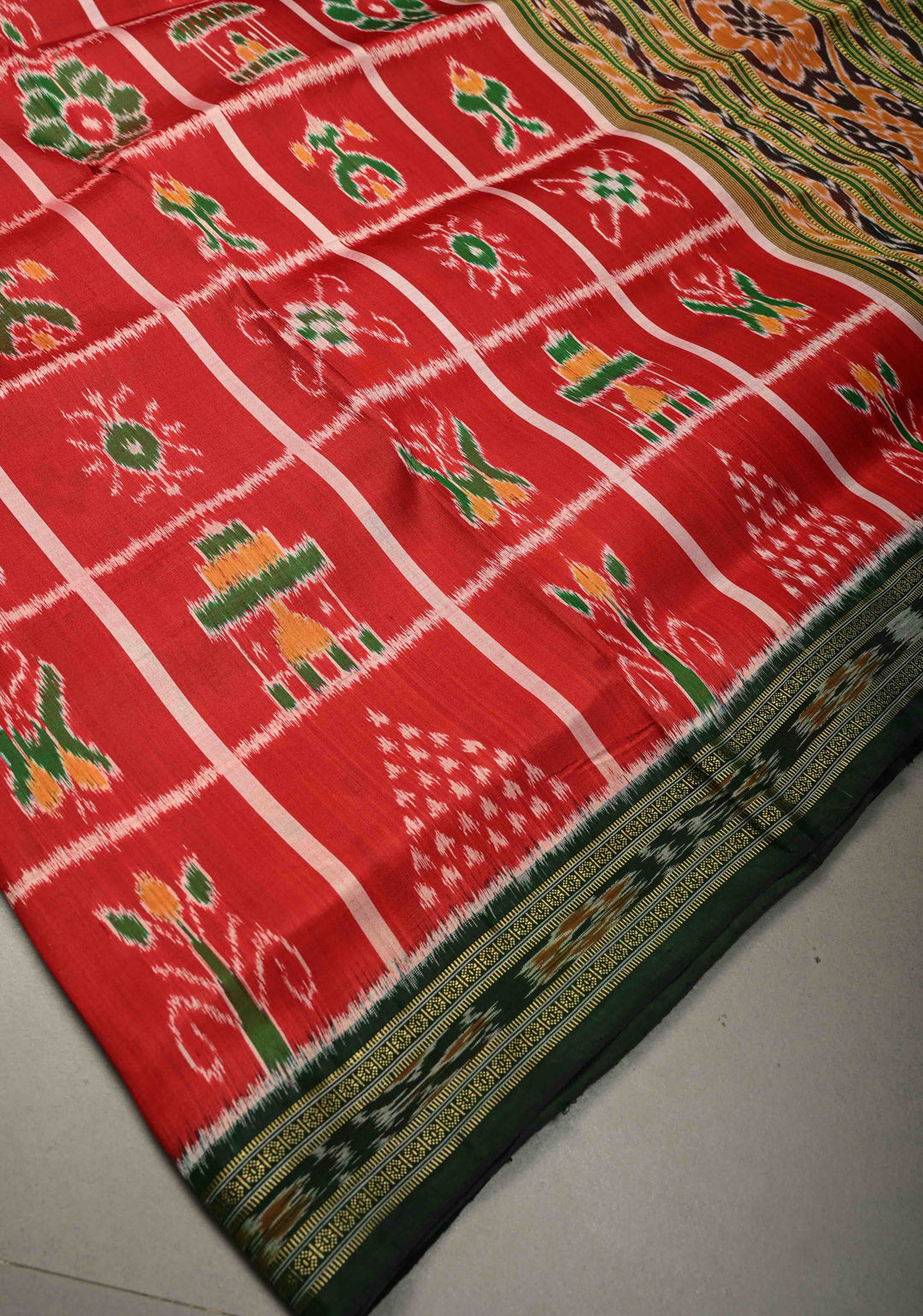 Red Handloom Sambalpuri Ikkat Silk Saree with Patola Brocade and Contrast Border | SILK MARK CERTIFIED