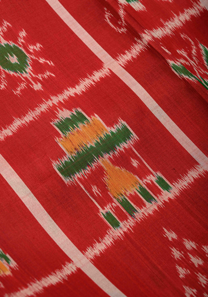 Red Handloom Sambalpuri Ikkat Silk Saree with Patola Brocade and Contrast Border | SILK MARK CERTIFIED
