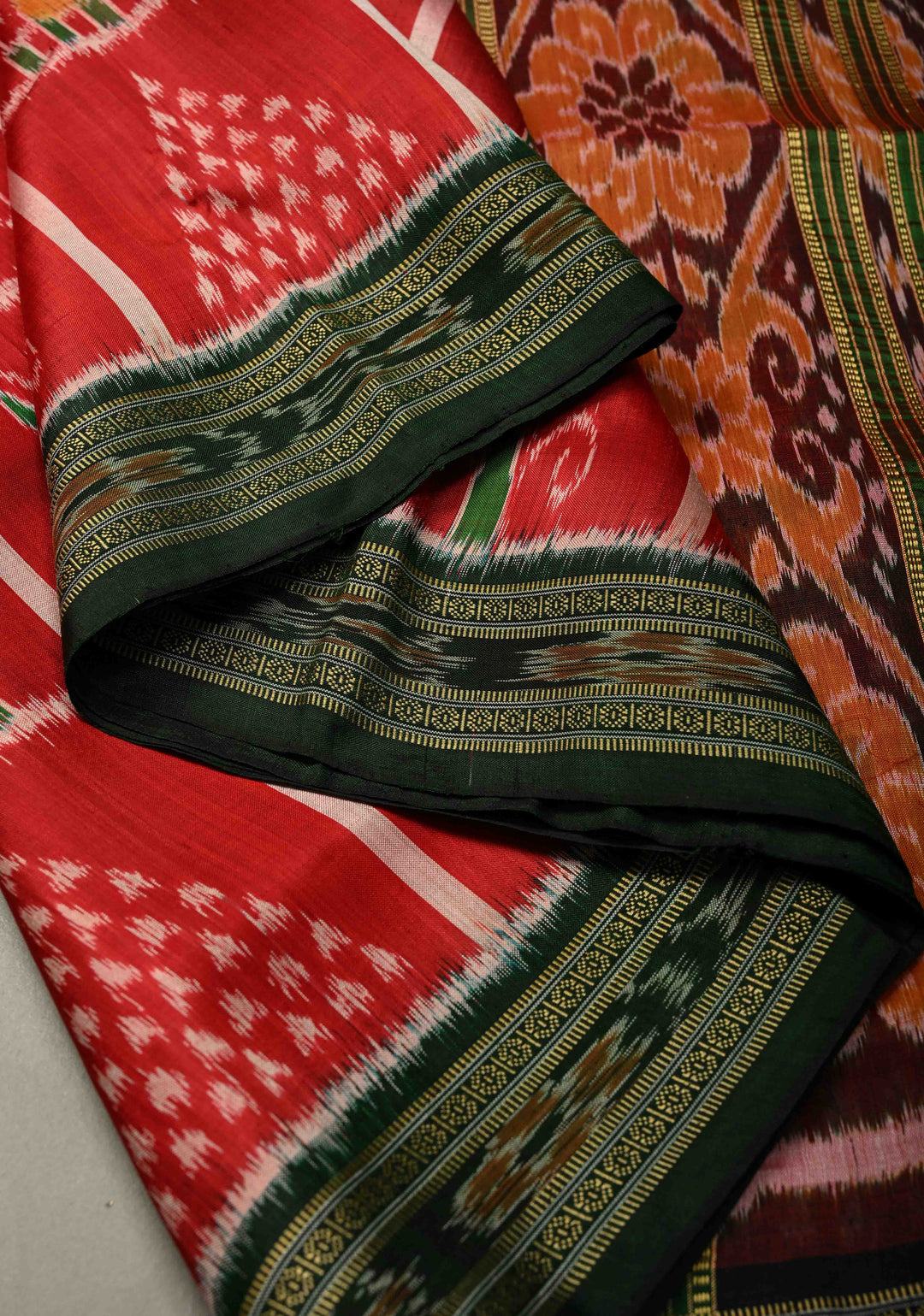 Red Handloom Sambalpuri Ikkat Silk Saree with Patola Brocade and Contrast Border | SILK MARK CERTIFIED