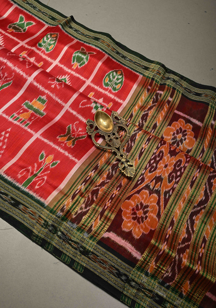 Red Handloom Sambalpuri Ikkat Silk Saree with Patola Brocade and Contrast Border | SILK MARK CERTIFIED